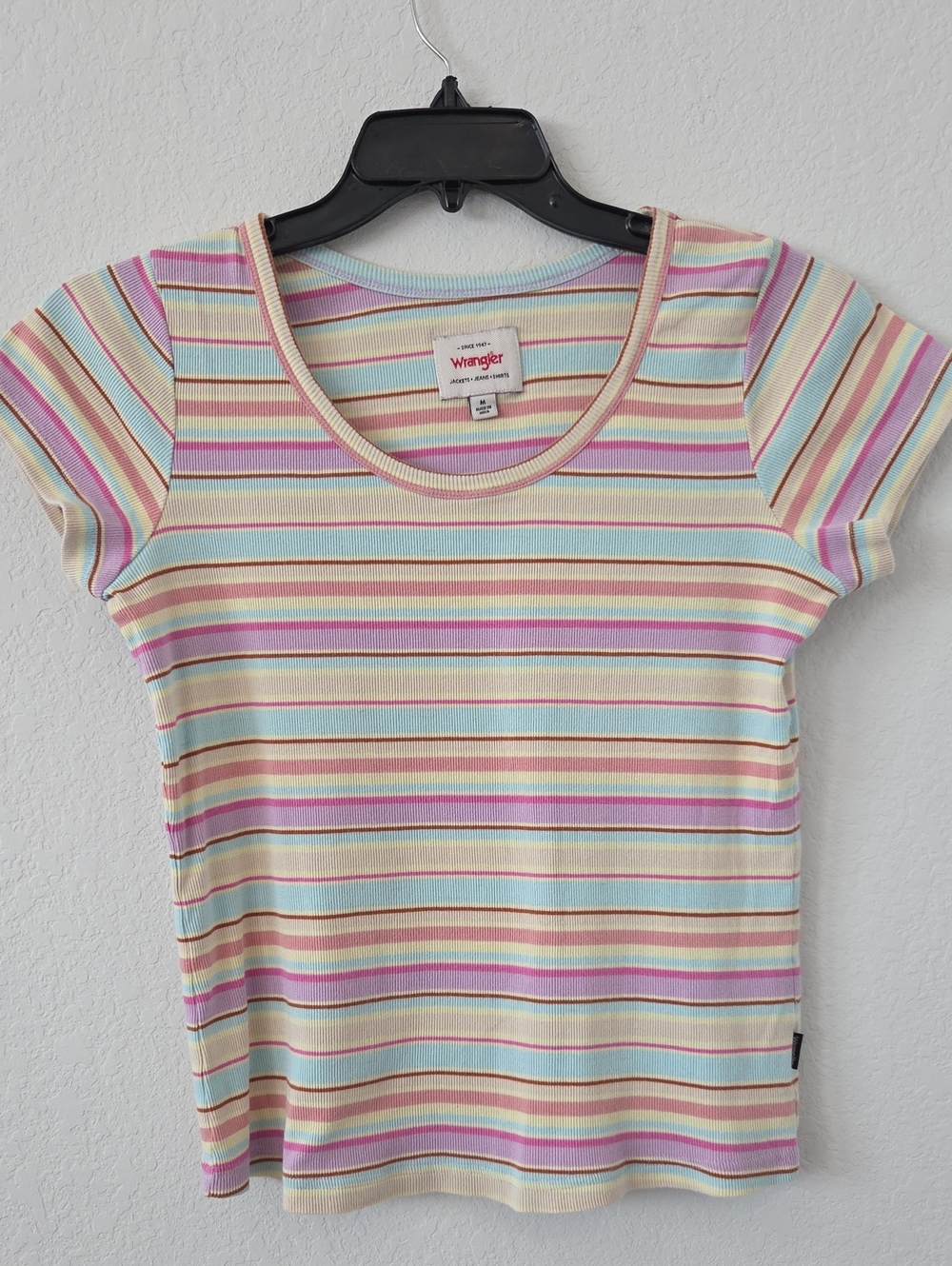 Wrangler Pastel Striped Scoop Neck Baby Tee in Mint, Pink & Cream Womens Medium
